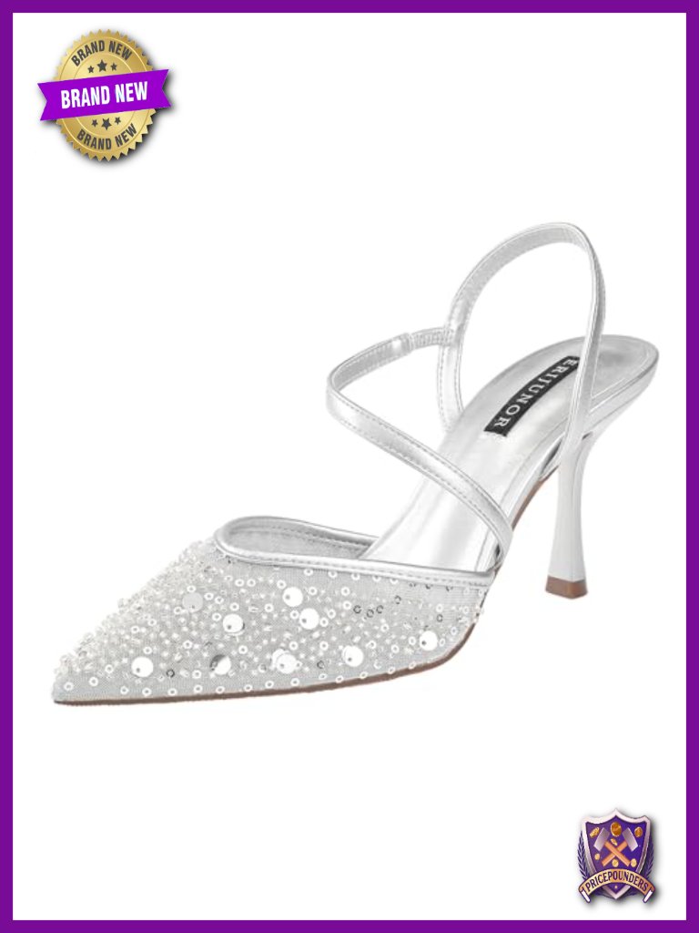 Slingback Lace Mesh Kitten Heels Wedding Pumps Pearl Beading Pointed Toe